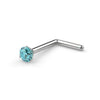 14k white gold aqua diamond L-post nose ring, angled view showing L-shaped post and prong setting