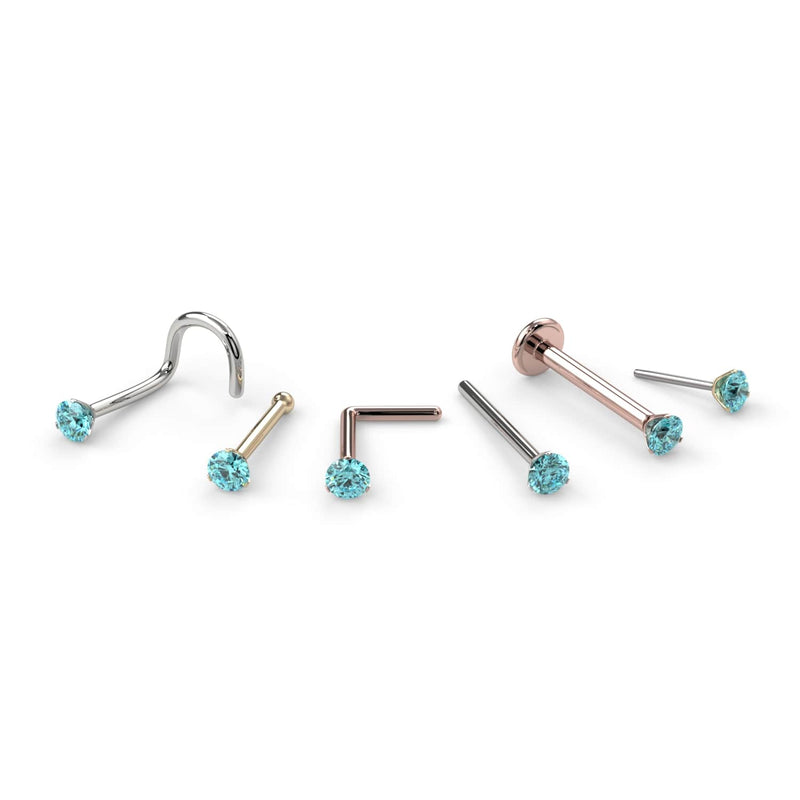 Aqua diamond nose ring shown in all style options: twist, bone, L post, flatback, and straight post