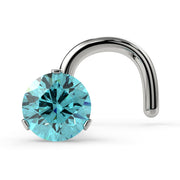 14k white gold aqua diamond nose ring twist style, front view of 3-prong Lumina setting