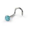14k white gold aqua diamond twist nose ring, side-angled view highlighting screw shape and prong detail