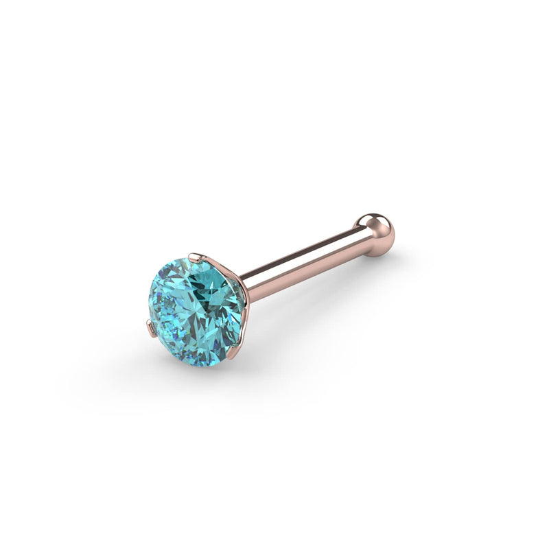 14k rose gold aqua diamond nose bone style with ball end, angled view of 3-prong setting