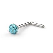 14k white gold aqua diamond L-post nose ring, angled view showing L-shaped post and 3-prong setting