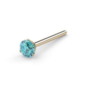 14k yellow gold aqua diamond nose bone stud, angled view showing straight post and 3-prong setting