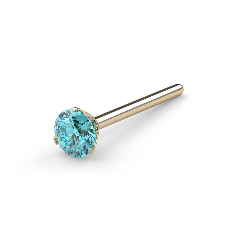 14k yellow gold aqua diamond nose bone stud, angled view showing straight post and 3-prong setting