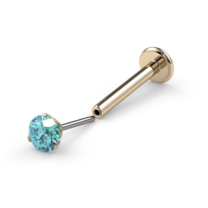 14k yellow gold aqua diamond flatback threadless push pin nose stud, angled view showing flat disc back