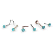 Aqua diamond nose ring in all available styles: twist, bone, L post, flatback, straight post, and end only