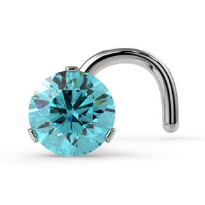 14k white gold 3mm aqua diamond nose ring twist style with 3-prong Lumina setting, front view