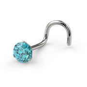 14k white gold aqua diamond twist nose ring, angled side view showing screw post and prong setting