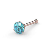 14k rose gold 3mm aqua diamond nose bone with ball end, angled view showing warm gold tone