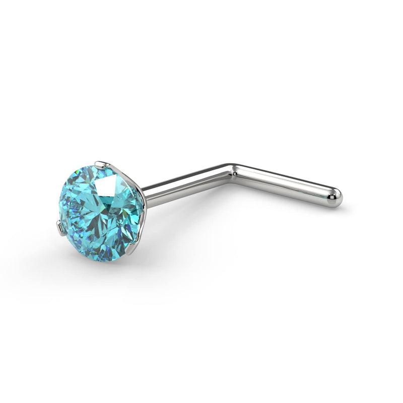 14k white gold aqua diamond nose ring L-post style, angled view showing right-angle post shape
