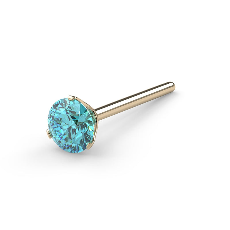 14k yellow gold 3mm aqua diamond nose bone style, angled view showing straight post with ball end
