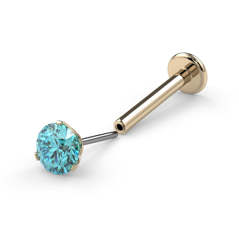14k yellow gold aqua diamond nose ring flatback labret style, angled view showing flat disc backing