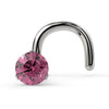 14k white gold 2mm pink diamond nose ring twist style, front view of 3-prong Lumina setting