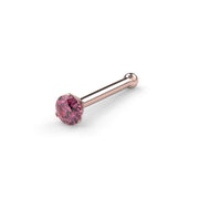 14k rose gold pink diamond nose bone style with ball end, angled view of 3-prong Lumina setting