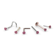 All style options for 2mm pink diamond nose ring: twist, bone, L post, straight, flatback, and end only