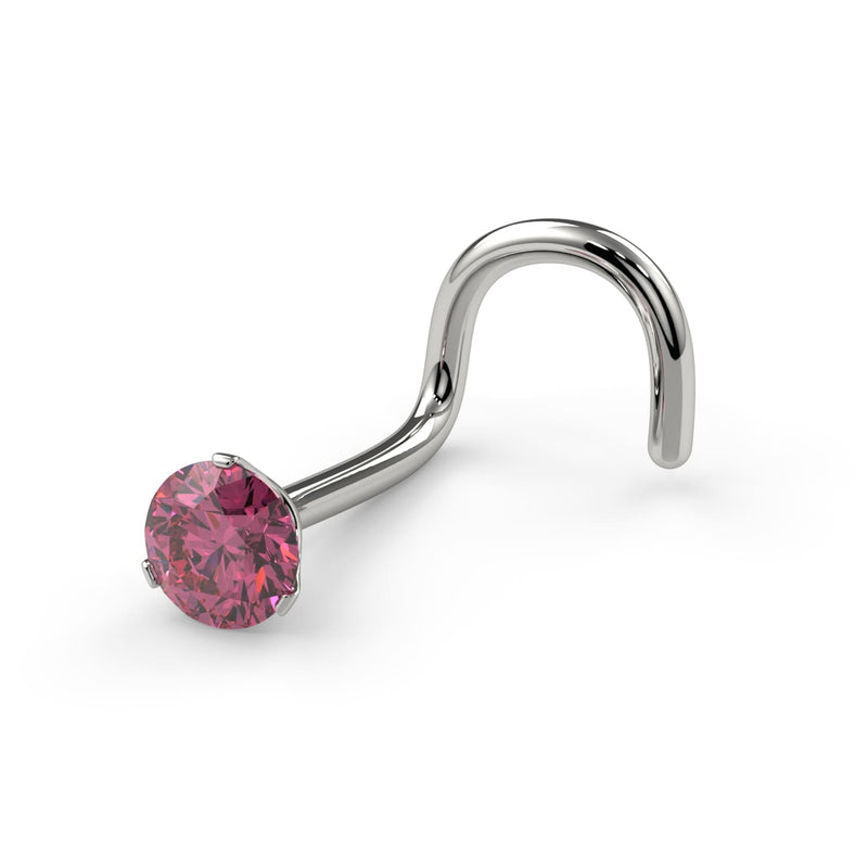 14k white gold pink diamond twist nose ring, angled side view showing screw post and prong setting