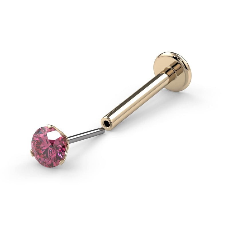 14k yellow gold pink diamond flatback labret nose stud showing flat disc backing and threadless pin