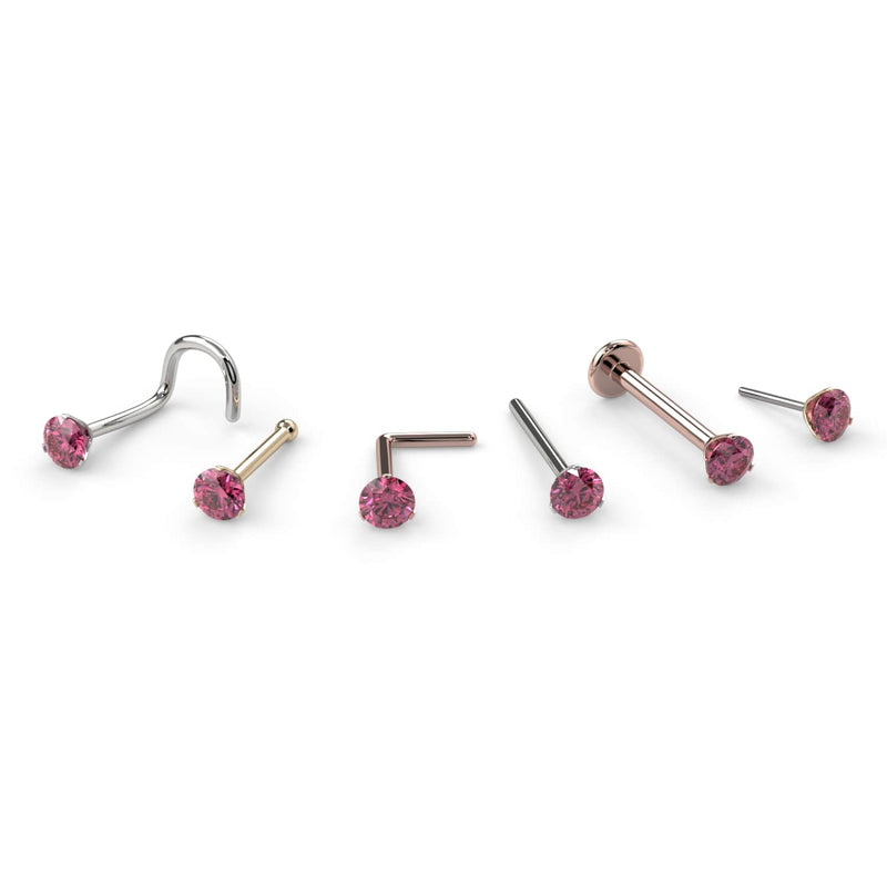 All style options for 2.5mm pink diamond nose ring: twist, bone, L post, straight post, flatback