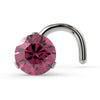 14k white gold 3mm pink diamond nose ring with twist style, front view of 3-prong Lumina setting