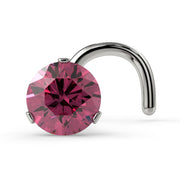 14k white gold 3mm pink diamond nose ring with twist style, front view of 3-prong Lumina setting