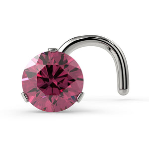 14k white gold 3mm pink diamond nose ring with twist style, front view of 3-prong Lumina setting