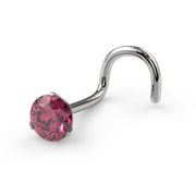 Side angle of 14k white gold 3mm pink diamond twist nose ring showing curved post and prong setting