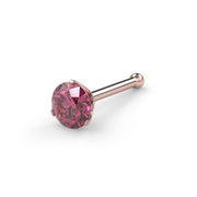 14k rose gold 3mm pink diamond nose bone style with ball end, angled view of Lumina 3-prong setting