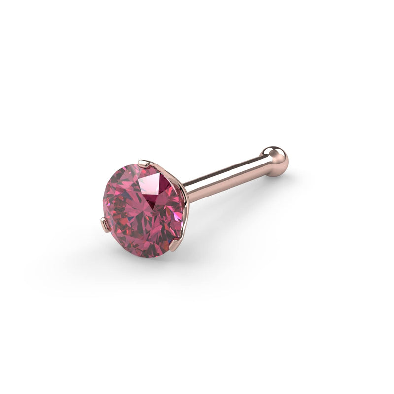 14k rose gold 3mm pink diamond nose bone style with ball end, angled view of Lumina 3-prong setting