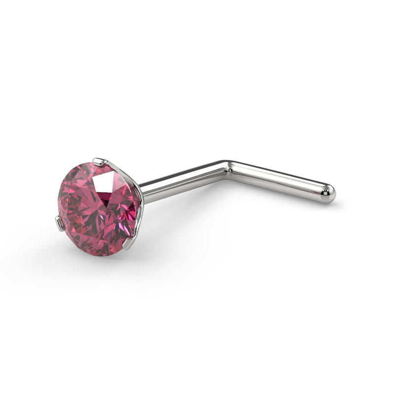 14k white gold 3mm pink diamond L post nose ring, angled view showing L-shaped post style