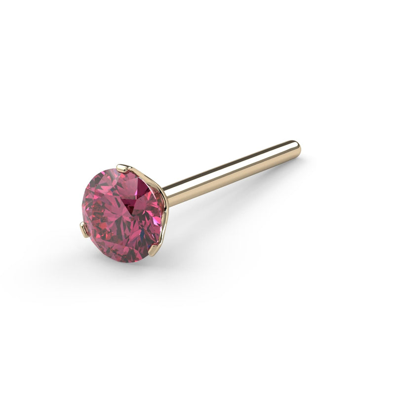 14k yellow gold 3mm pink diamond straight post nose ring, angled view showing post and prong detail
