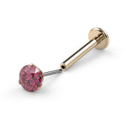 14k yellow gold 3mm pink diamond flatback labret nose ring with flat disc backing, angled view