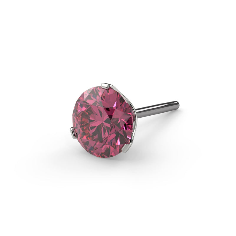 Close-up of 3mm pink diamond in 3-prong Lumina setting on straight post, white gold tone