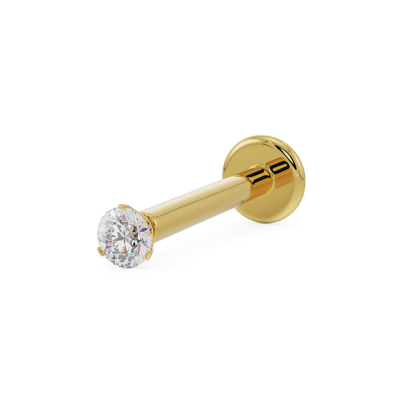 14k yellow gold 1.7mm VS1 diamond flat back labret stud, angled view showing 3-prong setting and disc backing