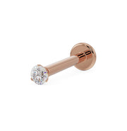 14k rose gold 1.7mm VS1 diamond flat back labret stud, angled view showing 3-prong setting and disc backing