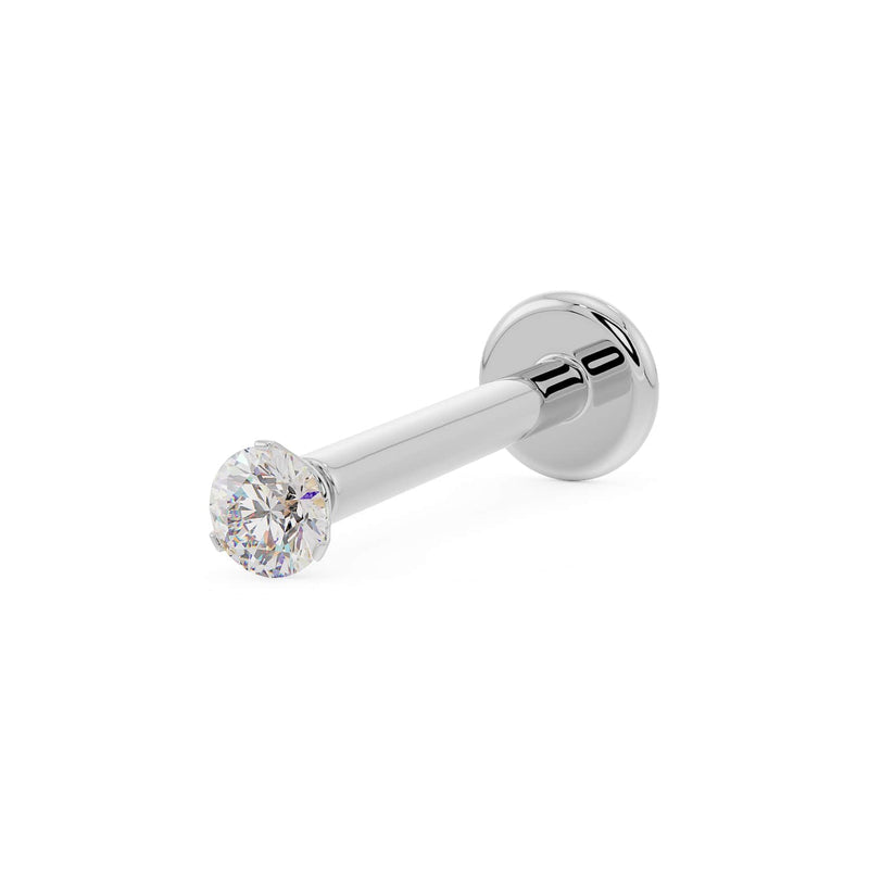 14k white gold 1.7mm VS1 diamond flat back labret stud, angled view showing 3-prong setting and disc backing