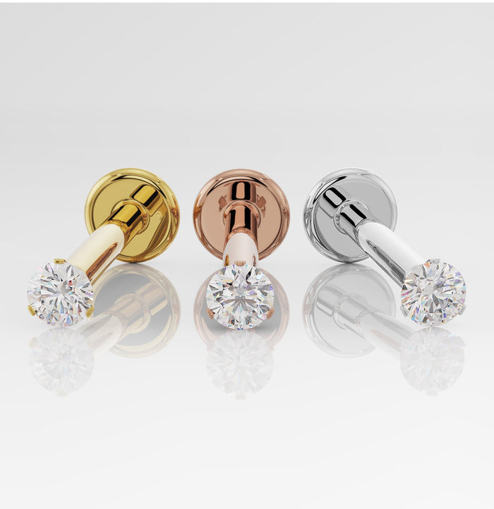 14k yellow gold, rose gold, and white gold diamond flat back studs side by side showing all metal color options