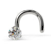 14k white gold 3-prong VS1 diamond nose ring twist style, front view showing screw backing