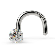 14k white gold 3-prong VS1 diamond nose ring twist style, front view showing screw backing