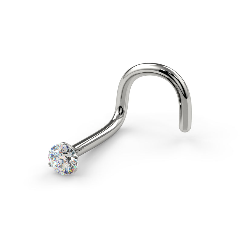 14k white gold diamond nose screw angled view, showing twist backing curve and Lumina setting
