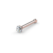 14k rose gold VS1 diamond nose bone stud, angled view showing 3-prong setting and ball end
