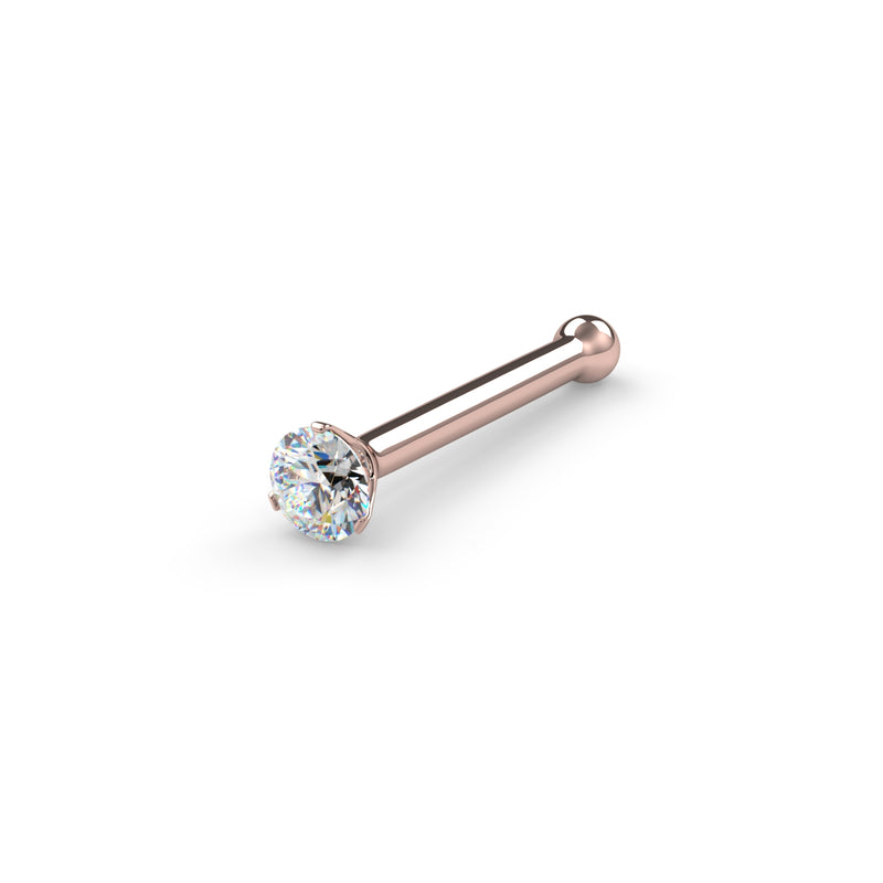 14k rose gold VS1 diamond nose bone stud, angled view showing 3-prong setting and ball end