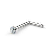 14k white gold diamond L-post nose stud, angled view showing L-shaped backing and prong setting