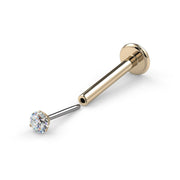 14k yellow gold diamond flat back labret shown disassembled with threadless push-pin end separated from post