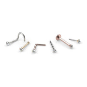 All style variants of 14k gold VS1 diamond nose stud: twist, bone, L post, straight, flat back, threadless
