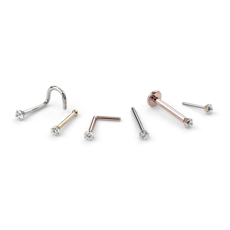 All style variants of 14k gold VS1 diamond nose stud: twist, bone, L post, straight, flat back, threadless