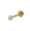 14k yellow gold 2mm VS1 diamond flat back labret stud, angled view showing 3-prong setting and disc back