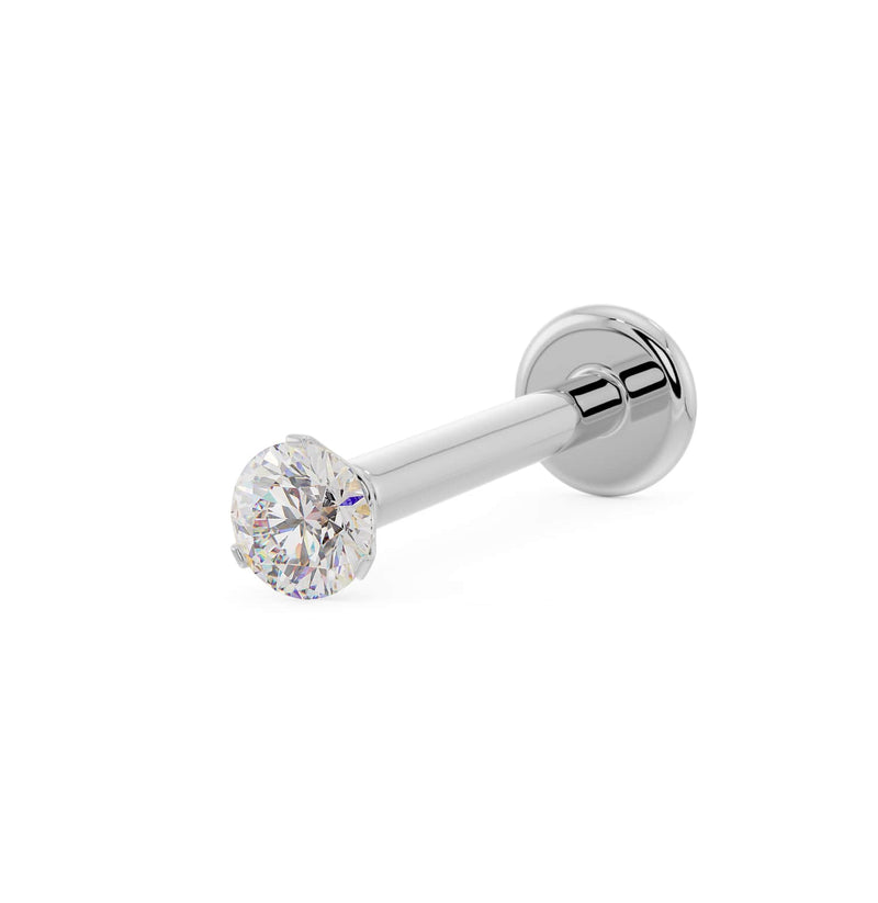 14k white gold 2mm VS1 diamond flat back labret stud, angled view showing 3-prong setting and disc back