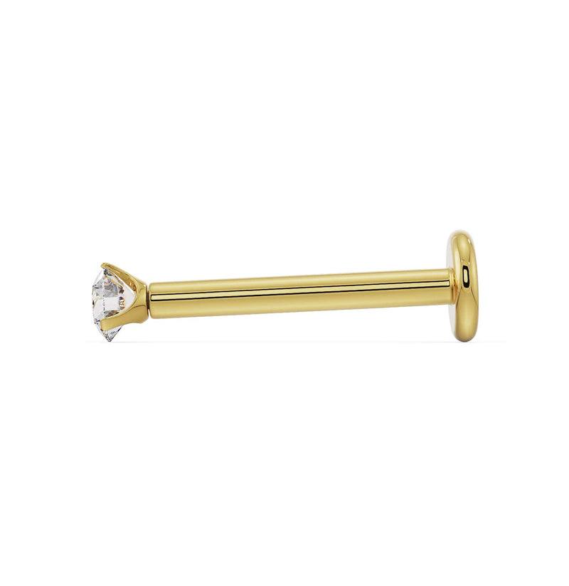 Side profile of 14k yellow gold 2mm diamond flat back labret showing post length and flat disc backing