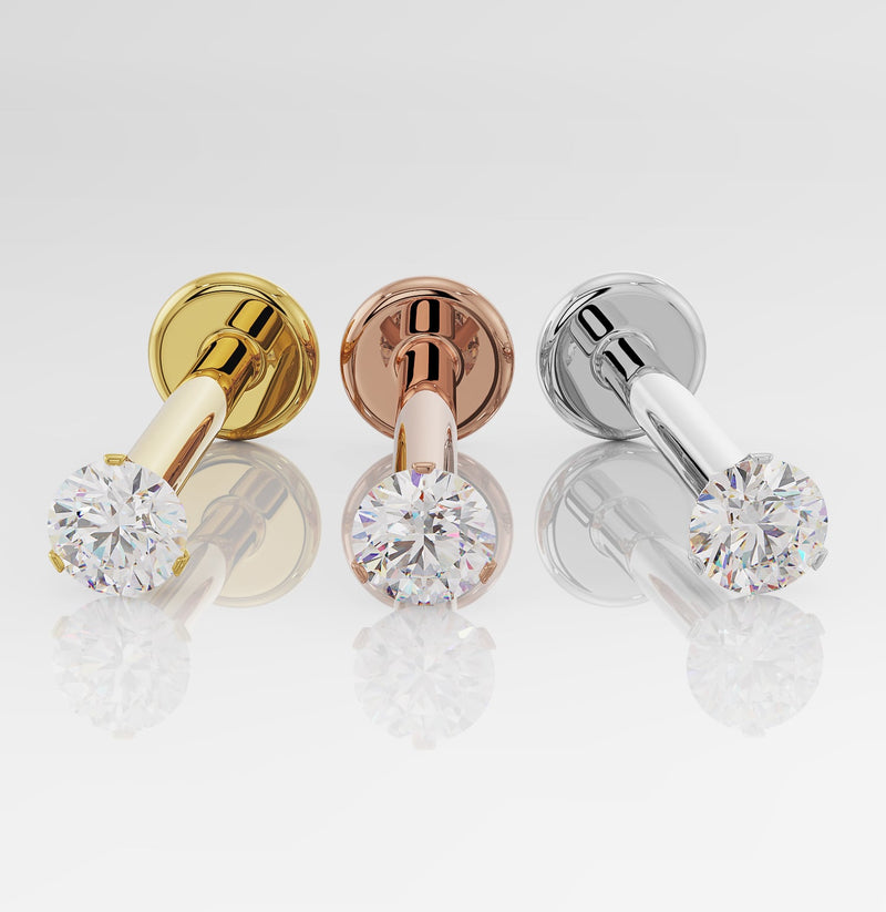 Lumina 2mm VS1 diamond flat back stud in all three metal options: 14k yellow, rose, and white gold