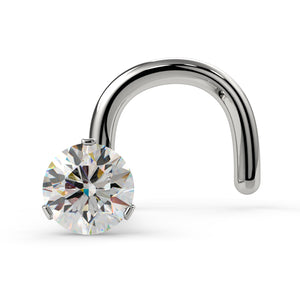 14k white gold 2mm VS1 diamond nose ring twist style, front view showing 3-prong Lumina setting